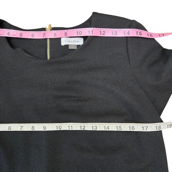 Calvin Klein Black Sheath Dress Striped Hem Sheer Panel Gold Zipper‎ Size 14 - Picture 6 of 8